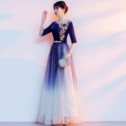 Elbow-Sleeve Flower Embroidered Gradient Sequin A-Line Evening Gown