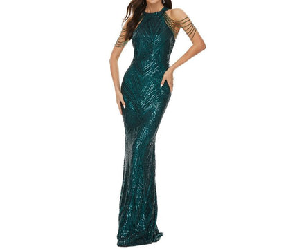 Halter Sequin Beaded Strappy Mermaid Evening Gown