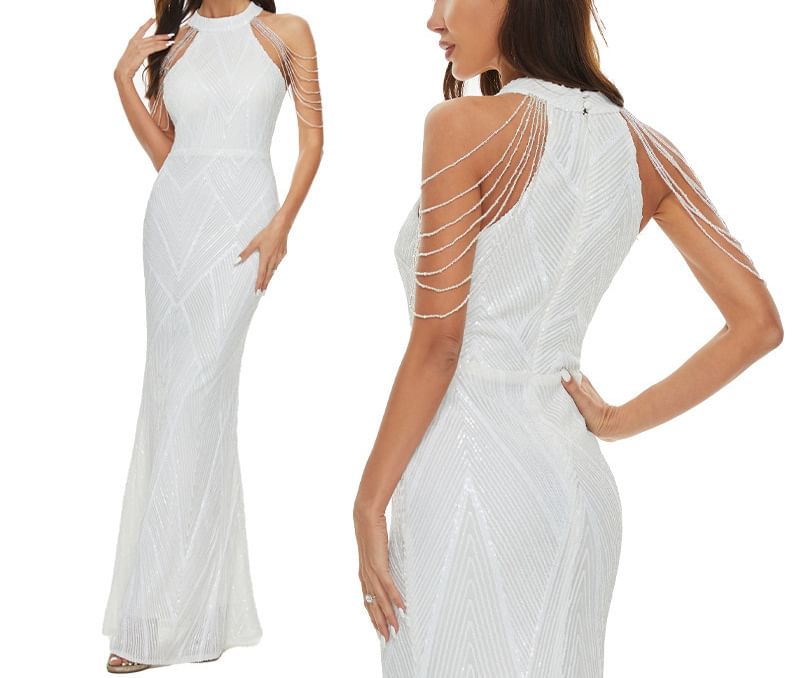 Halter Sequin Beaded Strappy Mermaid Evening Gown