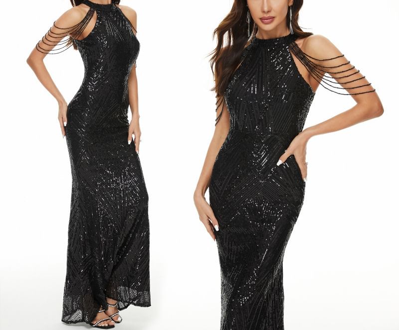 Halter Sequin Beaded Strappy Mermaid Evening Gown