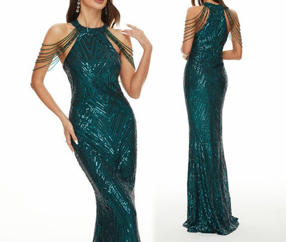 Halter Sequin Beaded Strappy Mermaid Evening Gown