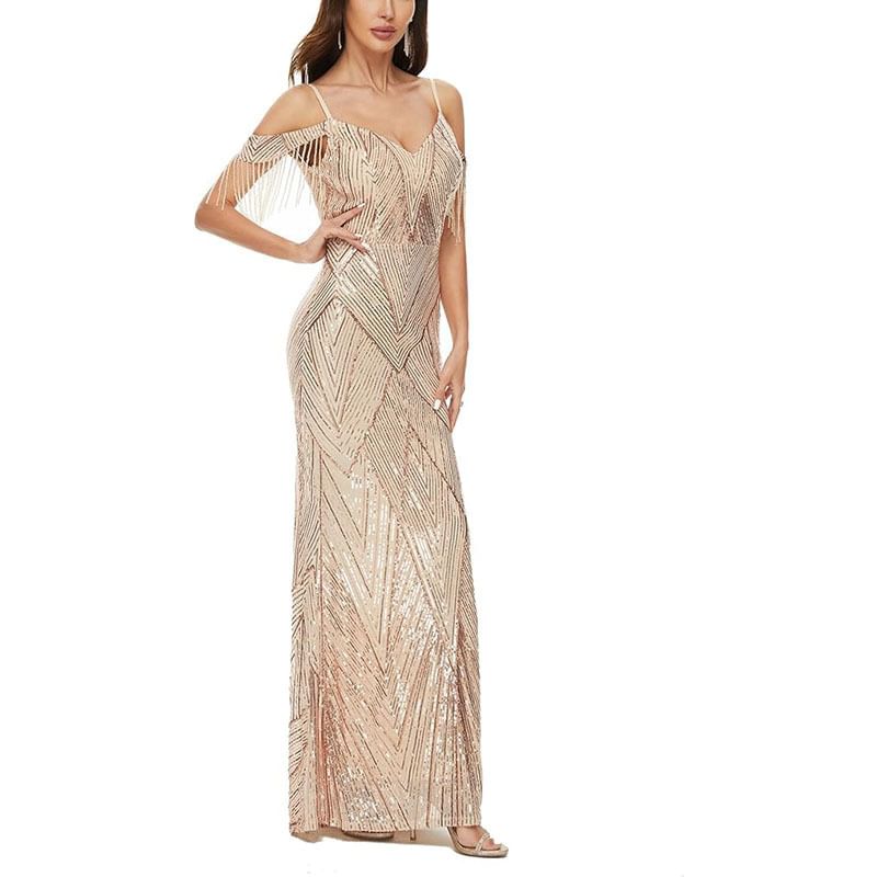 Cold-Shoulder Sequin Beaded Trumpet Evening Gown