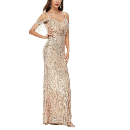 Evening Cold-Shoulder Trumpet Gown Sequin Beaded