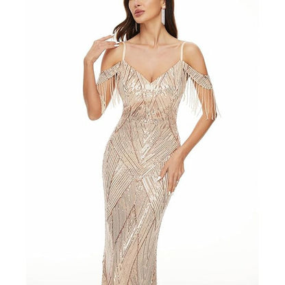 Evening Cold-Shoulder Trumpet Gown Sequin Beaded
