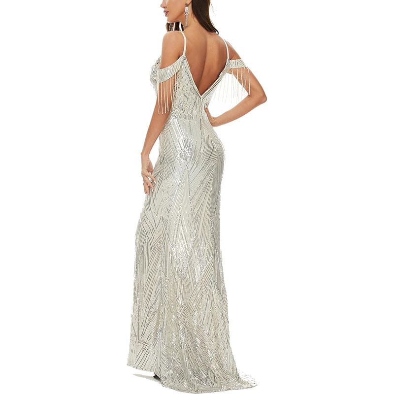 Evening Cold-Shoulder Trumpet Gown Sequin Beaded