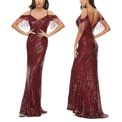 Evening Cold-Shoulder Trumpet Gown Sequin Beaded