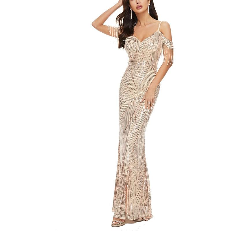 Cold-Shoulder Sequin Beaded Trumpet Evening Gown