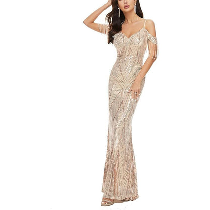 Evening Cold-Shoulder Trumpet Gown Sequin Beaded