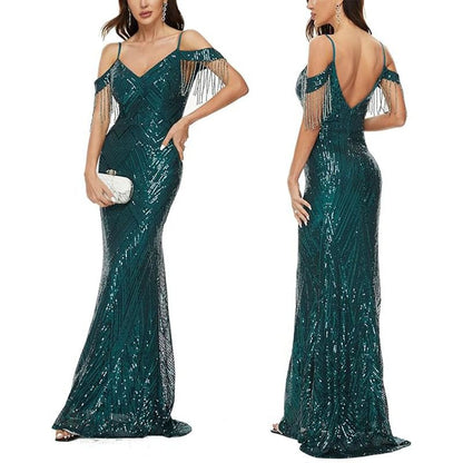 Cold-Shoulder Sequin Beaded Trumpet Evening Gown