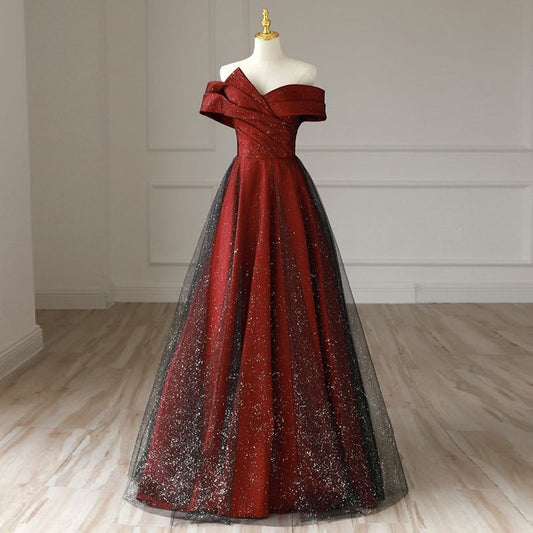 Off-Shoulder Glitter Asymmetrical Mesh Panel A-Line Evening Gown