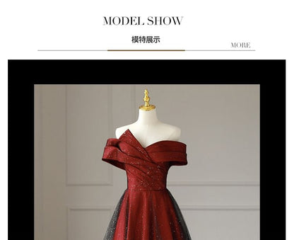 Off-Shoulder Glitter Asymmetrical Mesh Panel A-Line Evening Gown