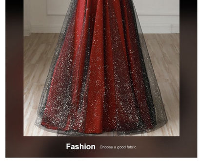 Off-Shoulder Glitter Asymmetrical Mesh Panel A-Line Evening Gown