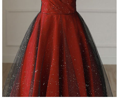 Off-Shoulder Glitter Asymmetrical Mesh Panel A-Line Evening Gown