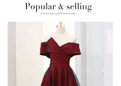 Off-Shoulder Glitter Asymmetrical Mesh Panel A-Line Evening Gown