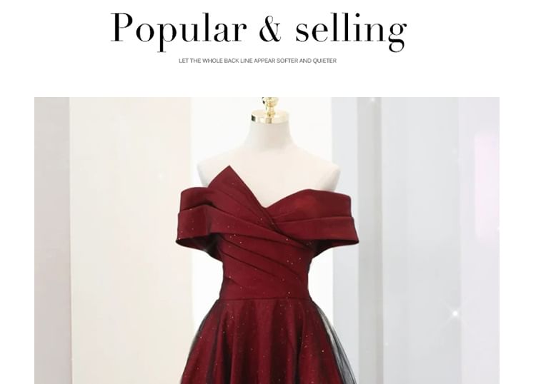 Off-Shoulder Glitter Asymmetrical Mesh Panel A-Line Evening Gown