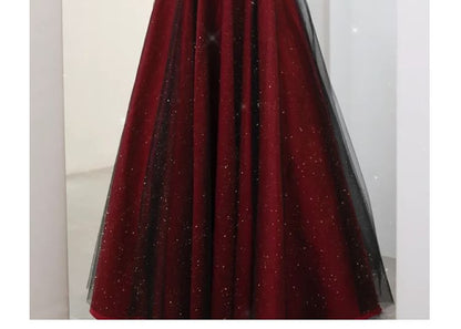 Off-Shoulder Glitter Asymmetrical Mesh Panel A-Line Evening Gown