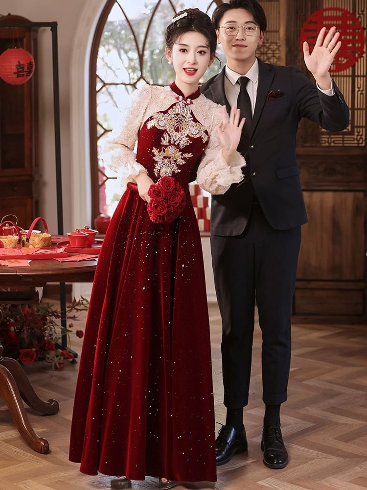 A-Line Puff-Sleeve Sequin Embroidered Flower Evening Gown