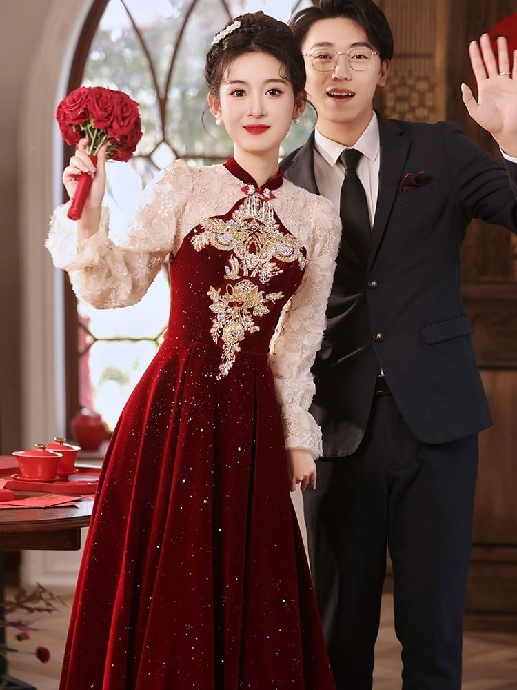 Puff-Sleeve Flower Embroidered Sequin A-Line Evening Gown