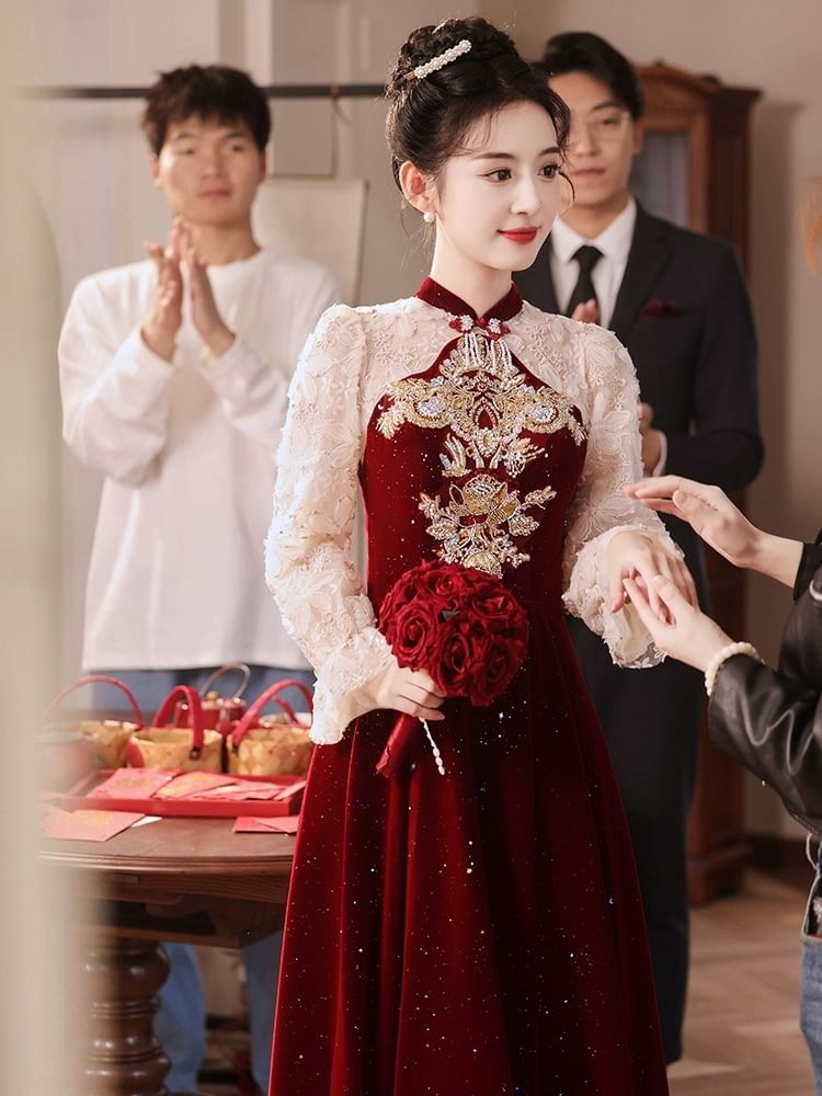 A-Line Puff-Sleeve Sequin Embroidered Flower Evening Gown