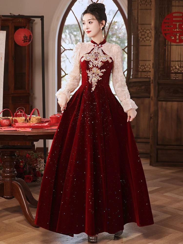Puff-Sleeve Flower Embroidered Sequin A-Line Evening Gown