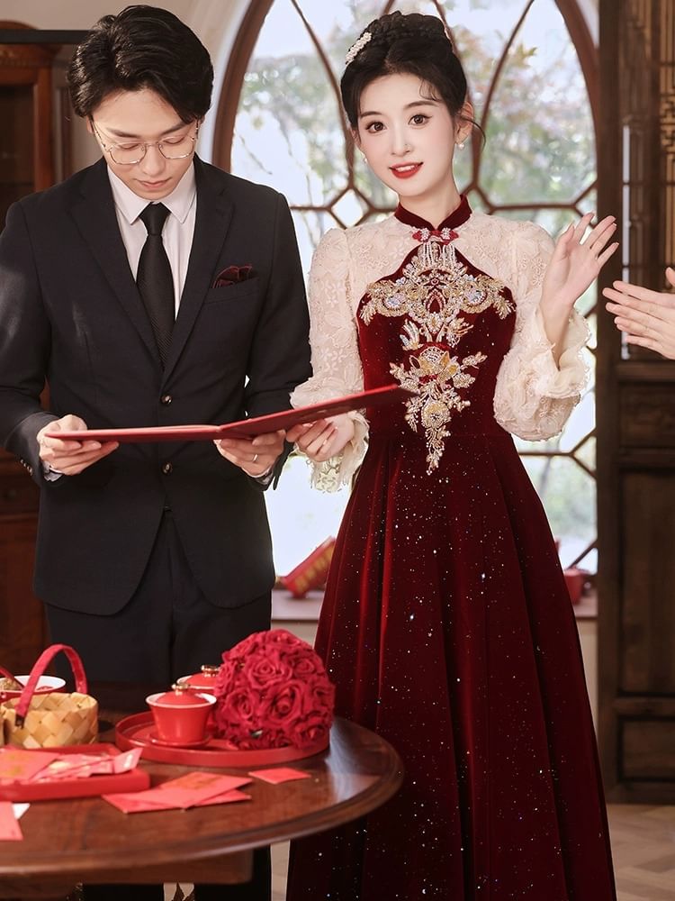 Puff-Sleeve Flower Embroidered Sequin A-Line Evening Gown