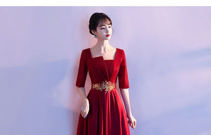 Elbow-Sleeve Square Neck Embroidered A-Line Evening Gown