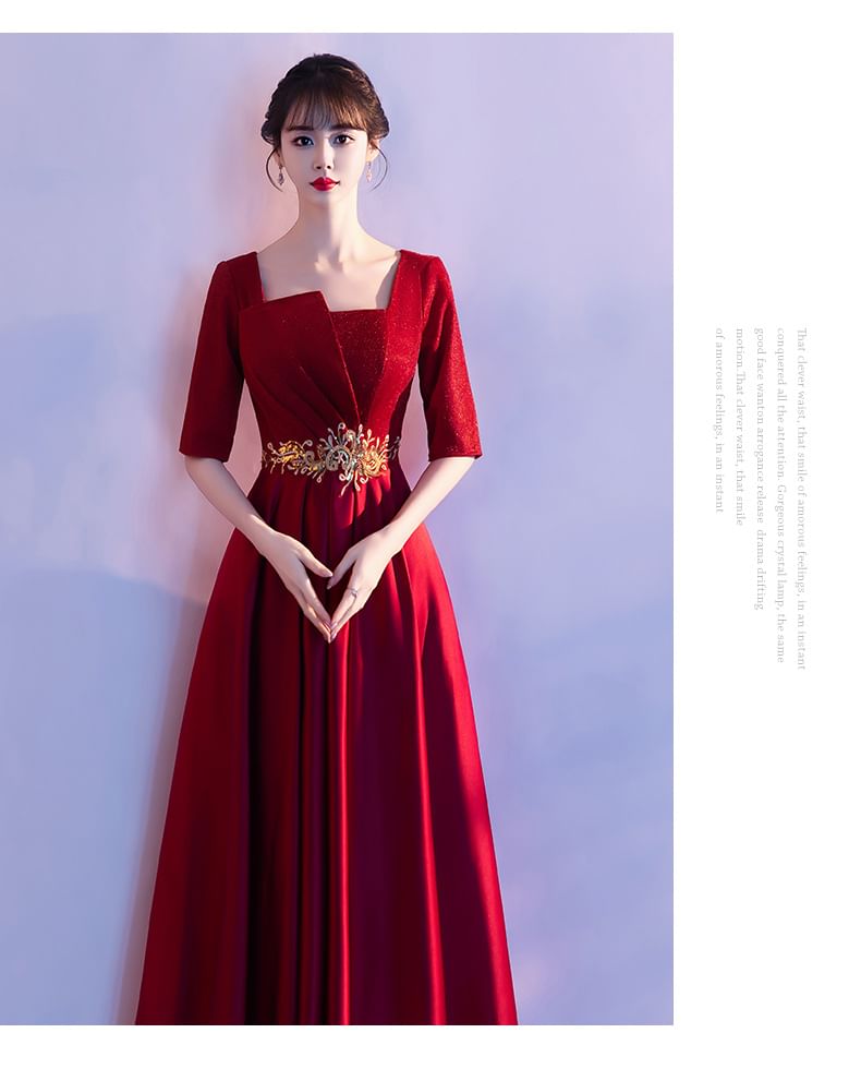 Elbow-Sleeve Square Neck Embroidered A-Line Evening Gown