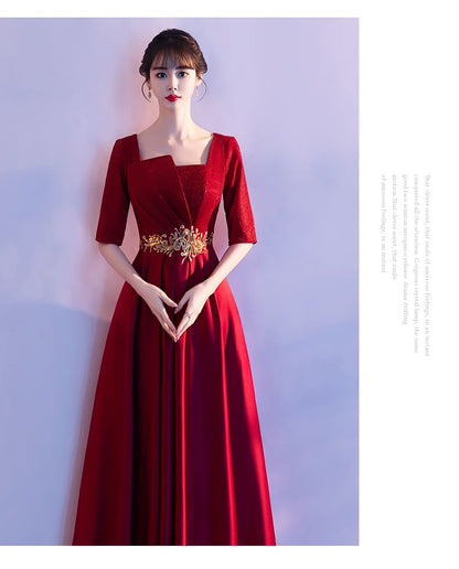Elbow-Sleeve Square Neck Embroidered A-Line Evening Gown