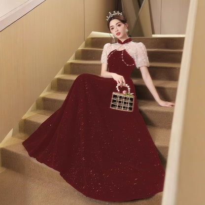 Puff-Sleeve Mock Neck Two Tone Flower Embroidered Glitter A-Line Evening Gown