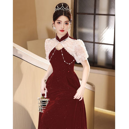 Puff-Sleeve Mock Neck Two Tone Flower Embroidered Glitter A-Line Evening Gown