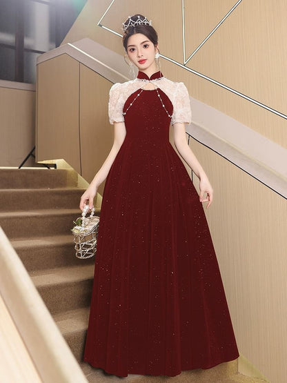 Puff-Sleeve Mock Neck Two Tone Flower Embroidered Glitter A-Line Evening Gown