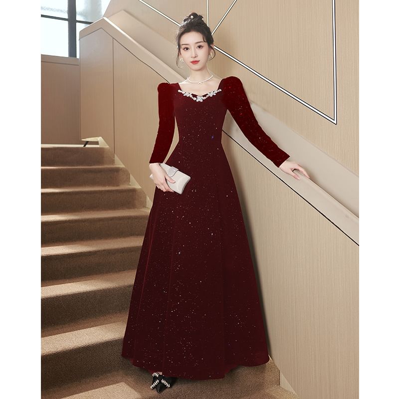 Puff-Sleeve Sequin Rhinestone A-Line Evening Gown