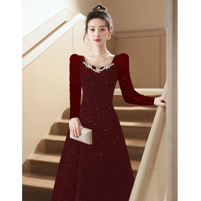 Puff-Sleeve Sequin Rhinestone A-Line Evening Gown
