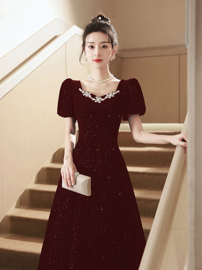 Puff-Sleeve Sequin Rhinestone A-Line Evening Gown