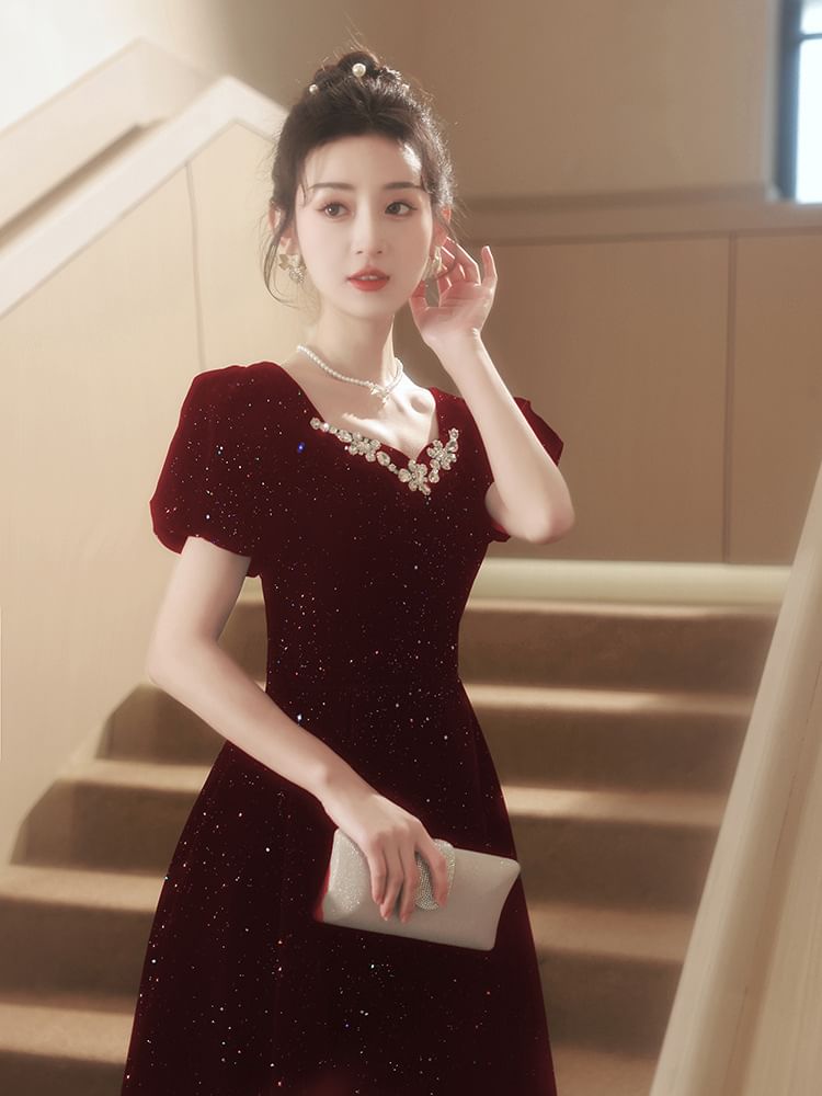 Puff-Sleeve Sequin Rhinestone A-Line Evening Gown
