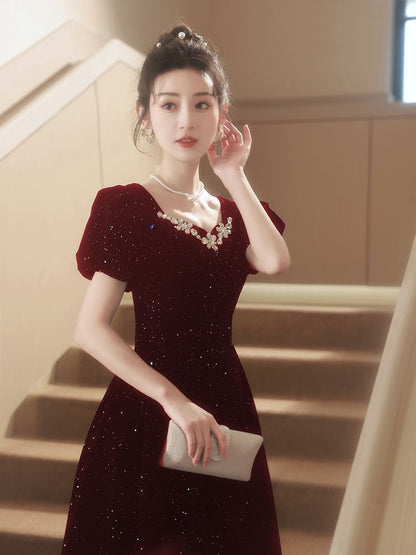 Puff-Sleeve Sequin Rhinestone A-Line Evening Gown
