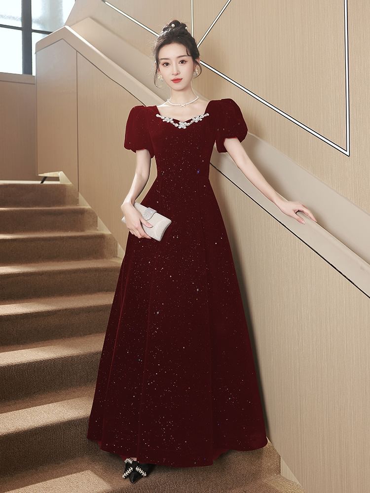 Puff-Sleeve Sequin Rhinestone A-Line Evening Gown