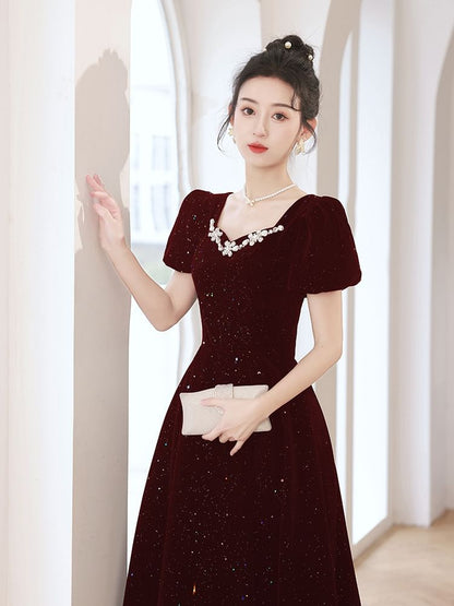 Puff-Sleeve Sequin Rhinestone A-Line Evening Gown