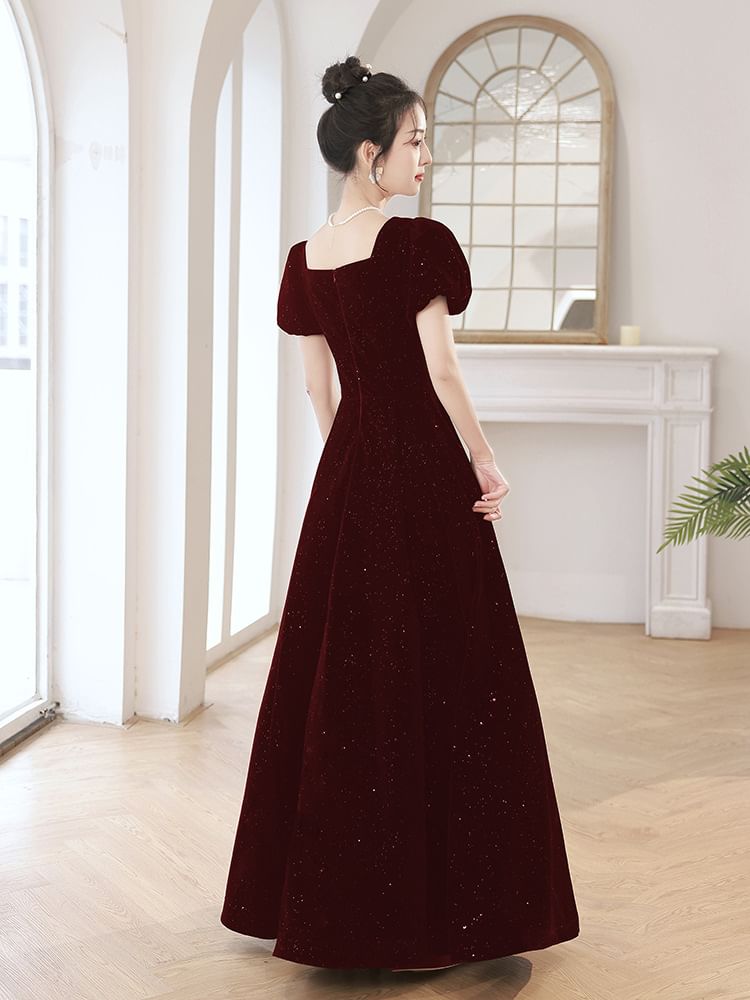 Puff-Sleeve Sequin Rhinestone A-Line Evening Gown