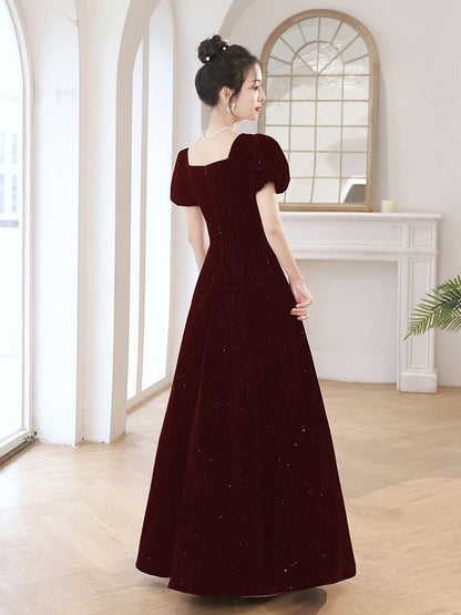 Puff-Sleeve Sequin Rhinestone A-Line Evening Gown