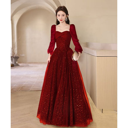 Puff-Sleeve Sequin A-Line Evening Gown