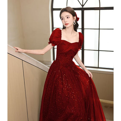 Puff-Sleeve Sequin A-Line Evening Gown
