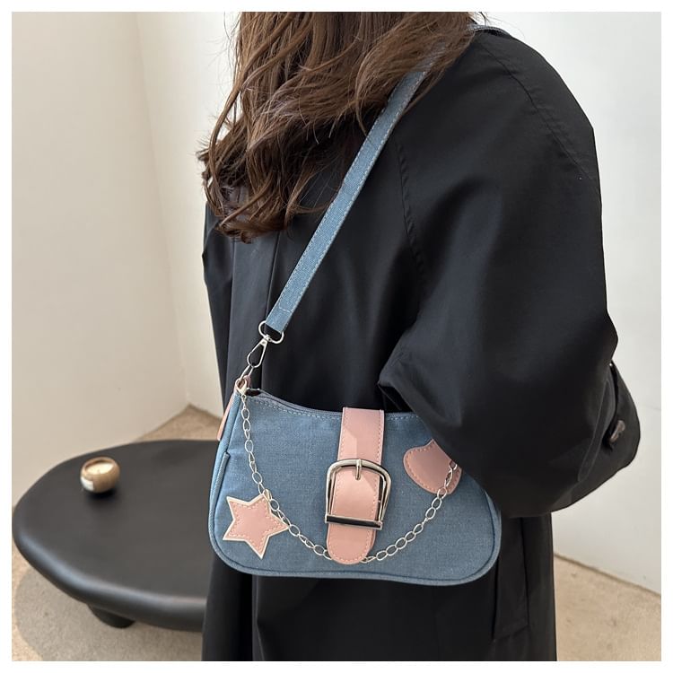 Applique Chained Buckled Denim Crossbody Bag