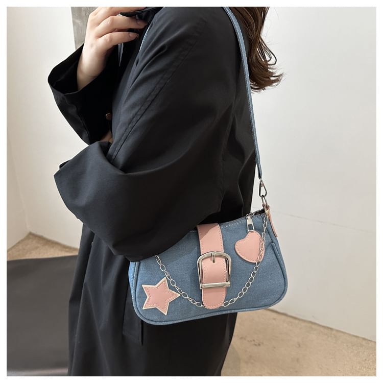 Applique Chained Buckled Denim Crossbody Bag