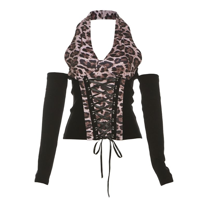 Sleeveless Leopard Print Lace-Up Top / Faux Fur Shrug