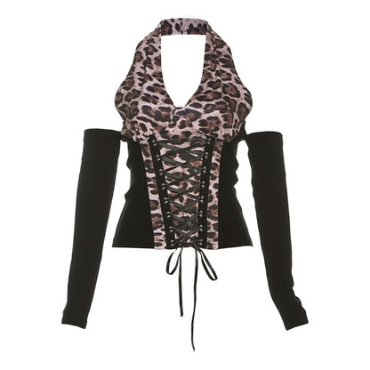 Sleeveless Leopard Print Lace-Up Top / Faux Fur Shrug