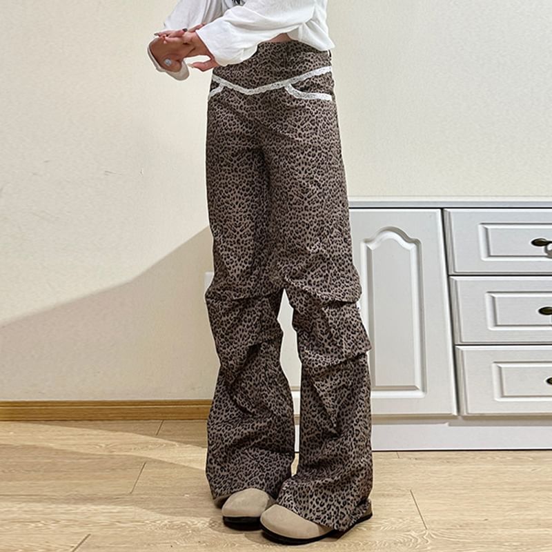 Pants Rise Wide Leopard High Leg