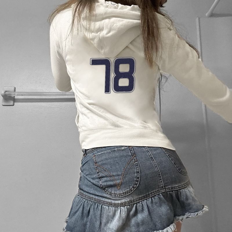 Up Drawstring Numbering Zip Hoodie