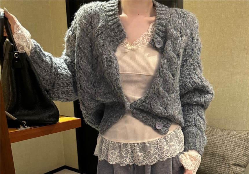 Cable Knit Cardigan, Drawstring Pants & Lace Cami Set