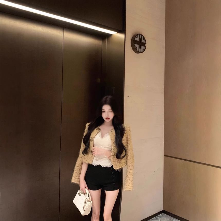 Tweed Button-Up Jacket & Crop Camisole Top